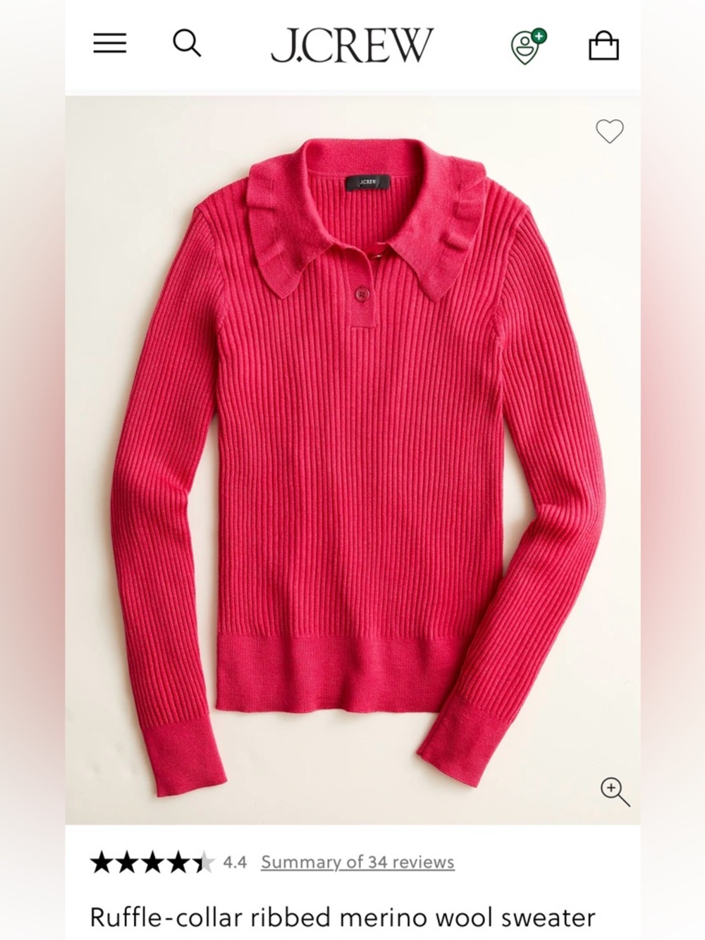 J.Crew Pink  Ruffle-collar Ribbed Merino Wool Sweater M